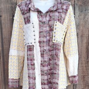 POL Patchwork Plaid Lace Studded Shacket Oversized Boho Button Down Shirt Jacket